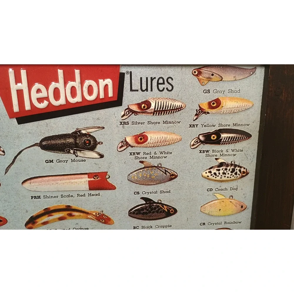 Heddon Lures Metal Wall Decor 17x13.5 Brown Excellent Framed Tin Art 1129857